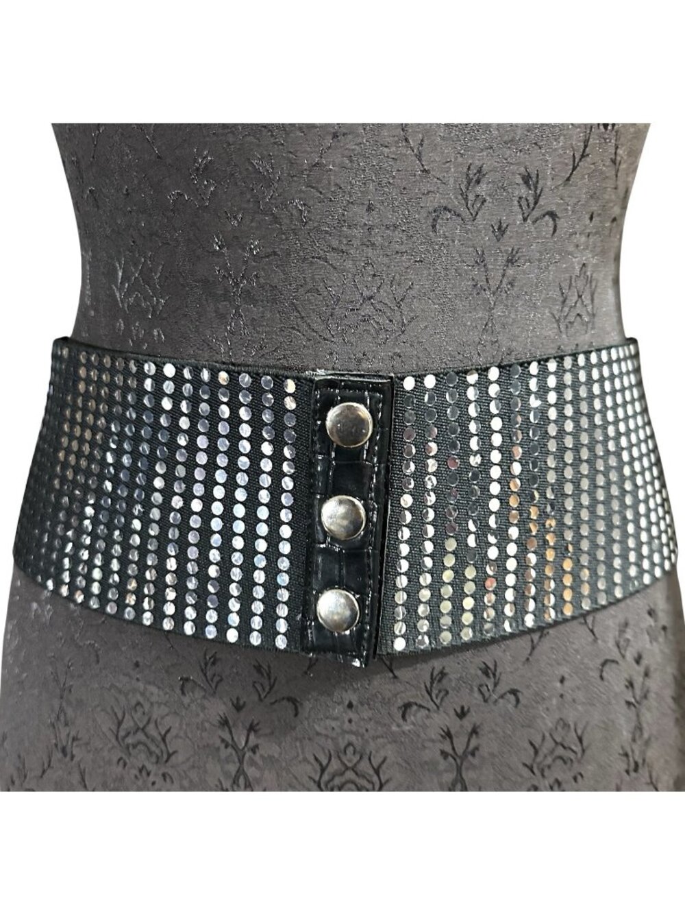 Wide Black Stretch Elastic Belt Silver Sequins Cinch Snap Corset Style Y2K Disco